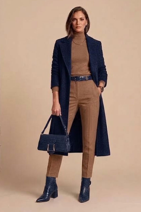 Women's navy blue back-buckle ankle boots with pointed toe and mid block heel - Worn view